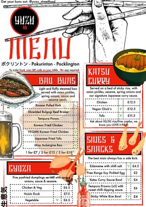Menu showing the various options at Yuzu Street Food in Pocklington