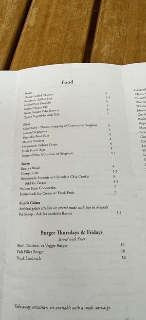 Menu  at Indabo Cafe in Kigali