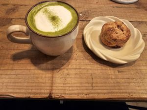 Scone walnut and banana with macha latte at TU CASA - Zero waste & Plant based トゥ・カサ in Kyoto