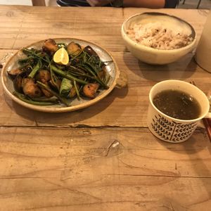 One of the specials + sides of soup and rice  at TU CASA - Zero waste & Plant based トゥ・カサ in Kyoto