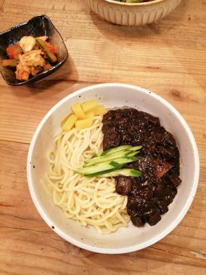 Black bean noodles for ¥1,100 and kimchi for ¥290 at TU CASA - Zero waste & Plant based トゥ・カサ in Kyoto