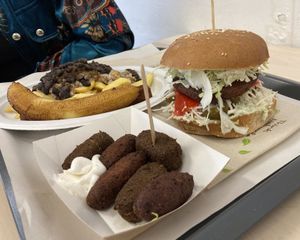 Croquetas Caseras, Navarra Burger & Arroz a la Cubana at Burger Mel - La Marina in Tenerife