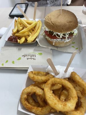 Spinach burger, fries, and onion rings   at Burger Mel - La Marina in Tenerife