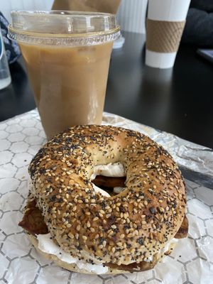 Everything bagel with vegan cream cheese and tempeh bacon. Vegan milk options for lattes too!  at Her Daughters in Philadelphia