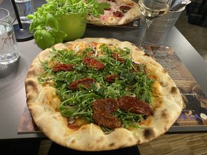 Vegan base with arugula, dried tomatoes, garlic and shiitake mushrooms.   at Duksa in Zagreb
