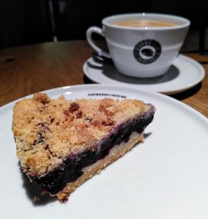 Vegan blueberry pie+ coffee at Espresso House  in Gjoevik