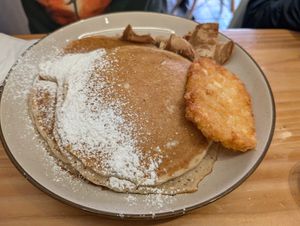 Pancakes with bacon & hash brown at Vegan Grill - Upper East Side in New York City