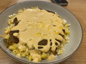 Vegan Mac & cheese with taco style meat on top  at Vegan Grill - Upper East Side in New York City
