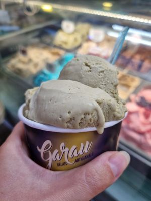 Two scoops of pistachio ice cream at Gelats Garau in Mallorca