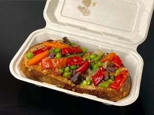 roasted veggie toast + Mama Lil’s peppers (takeout) at Bake Shop in Seattle