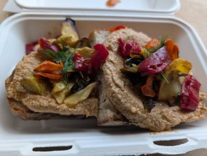 Veggie toast with Mama's lil peppers at Bake Shop in Seattle