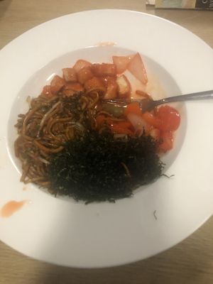 Vegan sweet & sour tofu with crispy seaweed & plain chow mein   at Silver Tree in Bridgwater