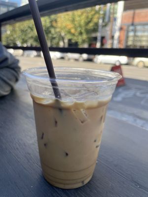 Pumpkin spice oat latte  at Overcast Coffee Bar in Seattle