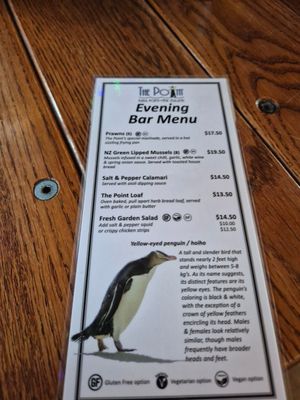 Evening menu at The Point in Kaka Point