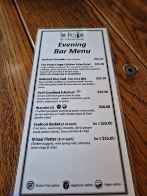 Evening menu at The Point in Kaka Point