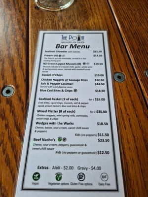 Lunch menu at The Point in Kaka Point