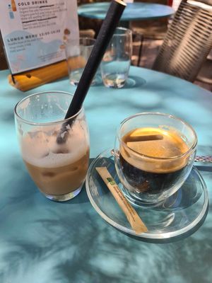 Iced coffee with almond milk and an americano ☕️ at Fraise Café in Menton