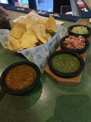 Rojo salsa (really good) and trio app (guac, pico & verde)  at Barrio Tacos in Salem