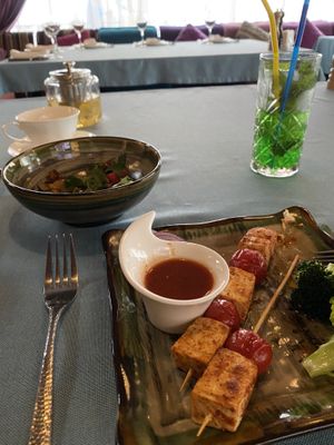 Vegan kebab and eggplant salad in a sweet sauce   at Cafe 1991 in Tashkent