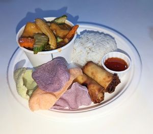 Sweet & sour tofu lunch special with spring rolls at Mango Thai Cafe in Sheffield