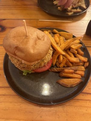 Tasty “no chicken” burger with seeet potato fries #Veganuary at Asianica Street Food - temporarily closed in Lima
