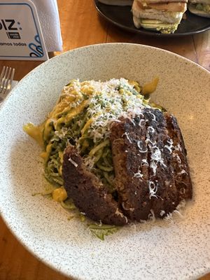Pesto spaghetti with beyond burgerrs  at Asianica Street Food - temporarily closed in Lima