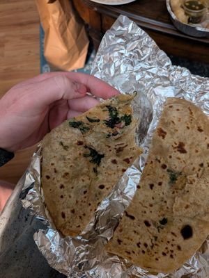 Aloo paratha (did not notice potato and did notice spinach, but it seemed vegan) at Namaste Garden in Essex Junction