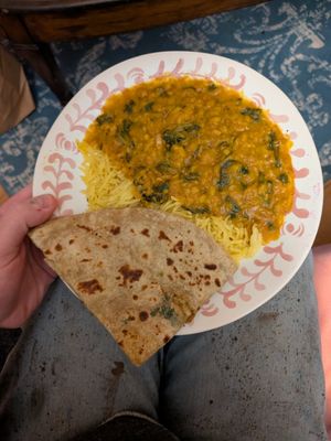Dal palak and rice that comes with it. And paratha at Namaste Garden in Essex Junction