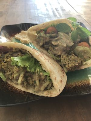 Falafel sandwich with vegan dressing  at The Fringe in Battambang