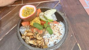 Muesli with coconut yoghurt and fruits  at The Fringe in Battambang