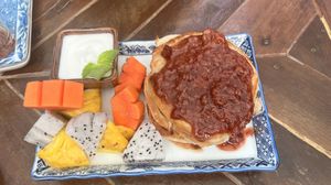 Vegan pancakes  at The Fringe in Battambang