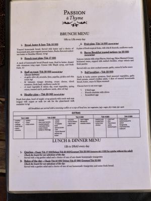 Menu  at Passion & Thyme in Zanzibar
