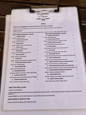 Menu  at Passion & Thyme in Zanzibar