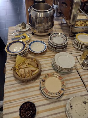 Vegetable soup, bread and olives (part of €11.45 buffet, which includes drink and coffee) at Cinco Cozinha Portuguesa e Vegetariana in Lisbon