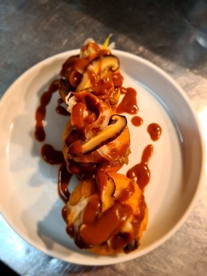 Miso aubergine doughnuts with house pickles, shiitake & lime jus (Vegan) at Good Neighbour in South East London