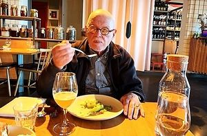 my wife took a snapshot of me enjoying all the super food at Choux in Amsterdam