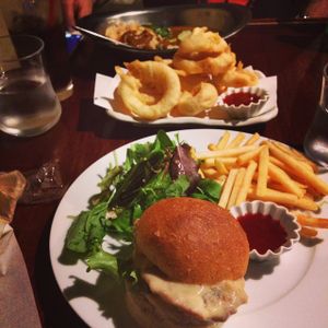 Miso Katsu burger with fries and some Onion rings at Matsuontoko Cafe in Kyoto