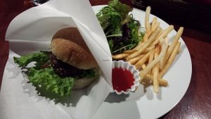 Burger, Fries, and Salad at Matsuontoko Cafe in Kyoto