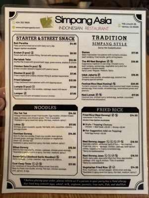 Menu  at Simpang Asia in Venice
