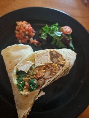 Breakfast burrito (tofu, beans and rice) at Perch Wine & Coffee Bar in New Delhi