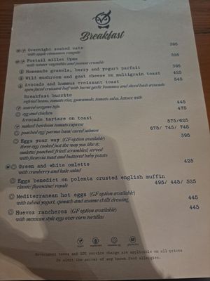 Breakfast options at Perch Wine & Coffee Bar in New Delhi