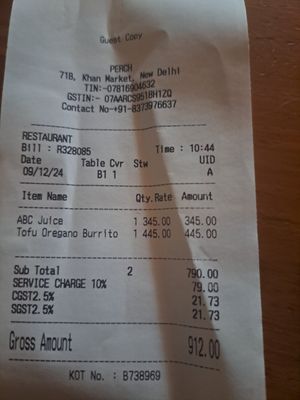 Total bill at Perch Wine & Coffee Bar in New Delhi