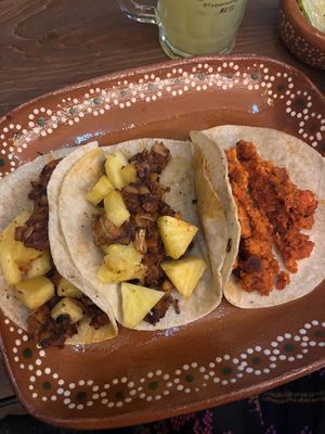 Tacos Al pastor and chorizo   at 100% Vegana Taqueria 2 in Sayulita