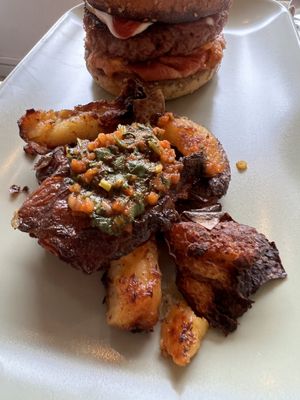 Good burger and potatoes with homemade sauce   at BICEPS VEGGIE in Barbizon