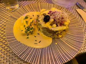 Arroz con pollo y huancaina  at Los Andenes Vegan - Puerta de Toledo in Madrid