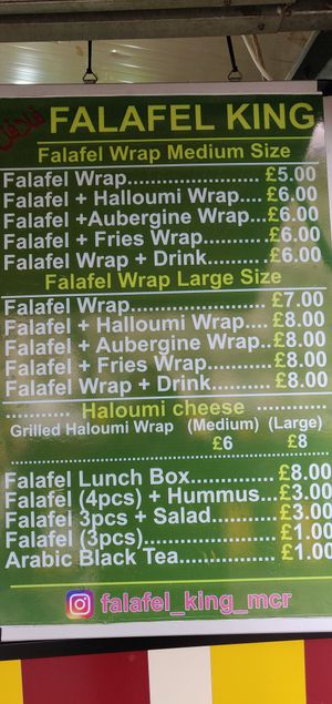 new menu as of april 2023 at Falafel King in Manchester