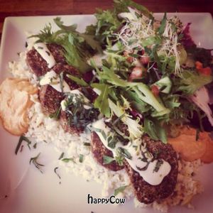 Raw Vegan almond falafel with culiflower rice and some other stuff at Tilstede mat og mer in Kristiansand