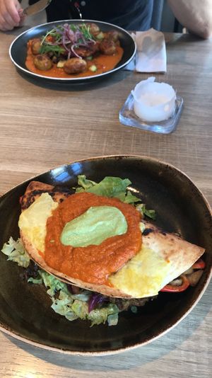 Vegan quesadilla with cashew cream and chipotle sauce at Tilstede mat og mer in Kristiansand