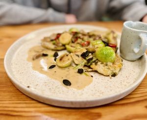 Semmelknödel with Whiskey Sauce and Brussel zeprouts  at Das Jaartn in Berlin