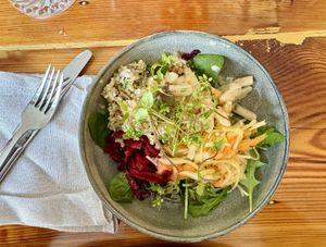 Gartensalat mit rote Bete, Quinoa Reis, Krautsalat, Schwarzwurzel, Wildkräuter & Senfdressing  at Das Jaartn in Berlin